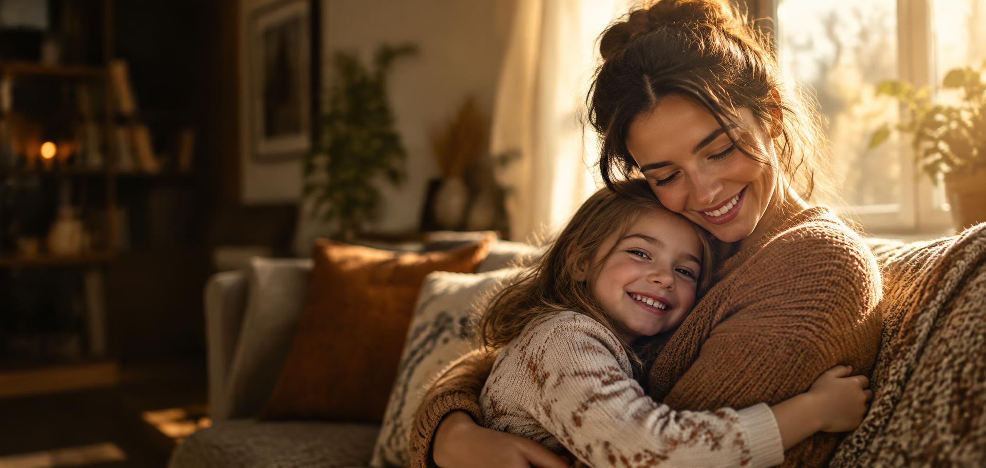 Mother and daughter embracing on a sofa